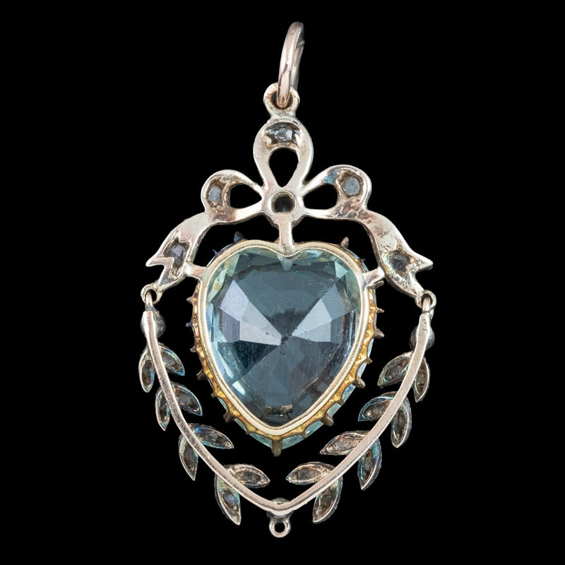Antique Victorian Aquamarine Diamond Heart Pendant 6ct Aqua