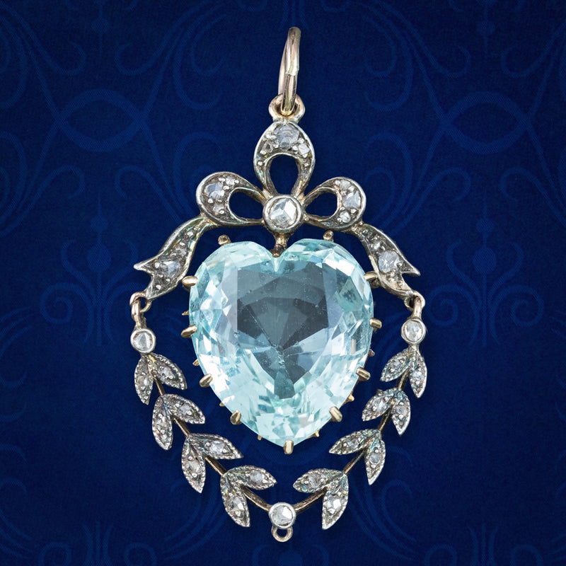 Antique Victorian Aquamarine Diamond Heart Pendant 6ct Aqua