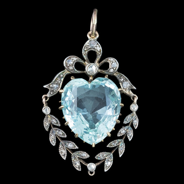 Antique Victorian Aquamarine Diamond Heart Pendant 6ct Aqua