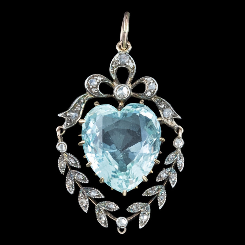 Antique Victorian Aquamarine Diamond Heart Pendant 6ct Aqua