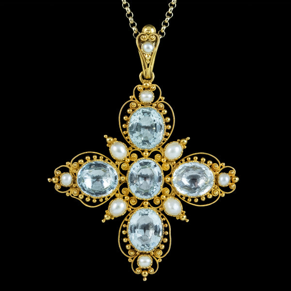 Antique Victorian Aquamarine Pearl Pendant Necklace 7.8ct Aquamarine