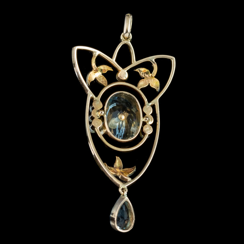Antique Victorian Art Nouveau Aquamarine Pearl Pendant Platinum 15ct Gold 
