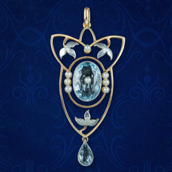 Antique Victorian Art Nouveau Aquamarine Pearl Pendant Platinum 15ct Gold 