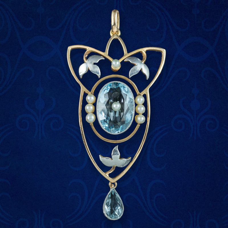 Antique Victorian Art Nouveau Aquamarine Pearl Pendant Platinum 15ct Gold 