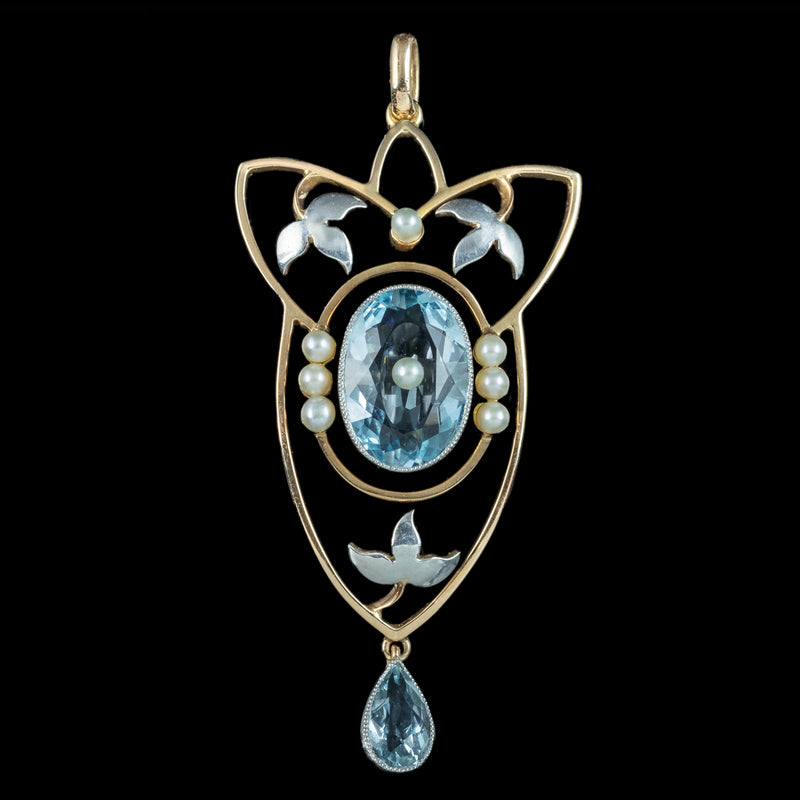 Antique Victorian Art Nouveau Aquamarine Pearl Pendant Platinum 15ct Gold 