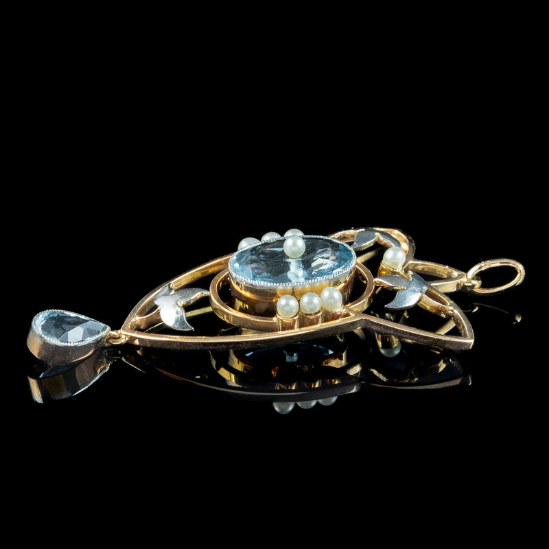Antique Victorian Art Nouveau Aquamarine Pearl Pendant Platinum 15ct Gold 