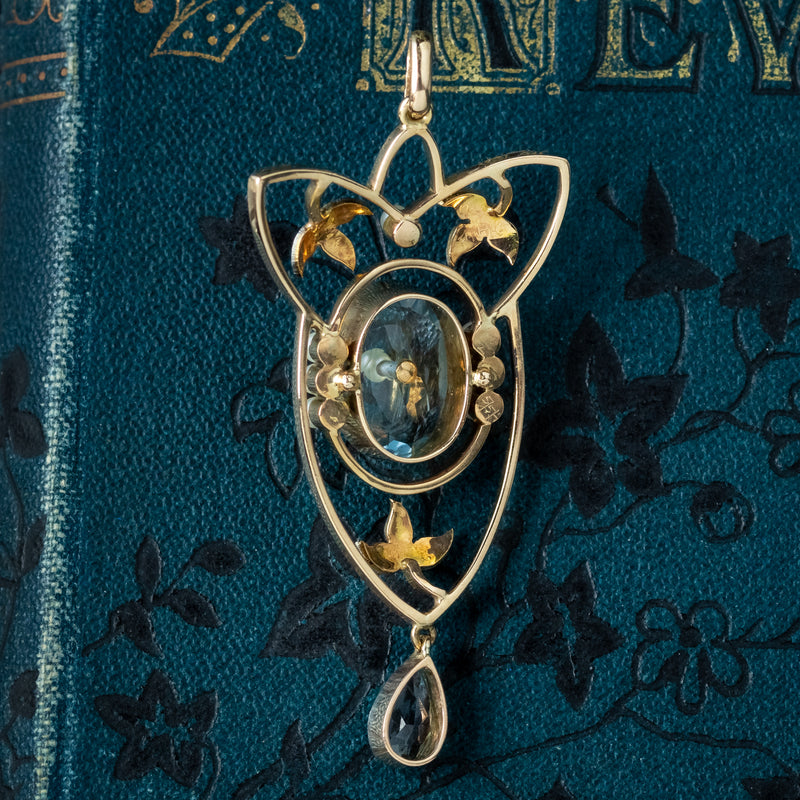 Antique Victorian Art Nouveau Aquamarine Pearl Pendant Platinum 15ct Gold 