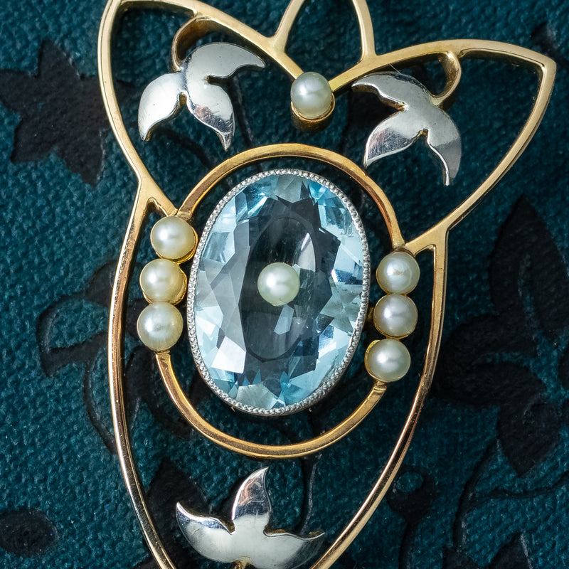 Antique Victorian Art Nouveau Aquamarine Pearl Pendant Platinum 15ct Gold 