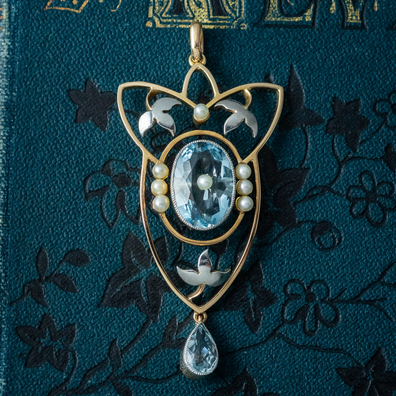 Antique Victorian Art Nouveau Aquamarine Pearl Pendant Platinum 15ct Gold 