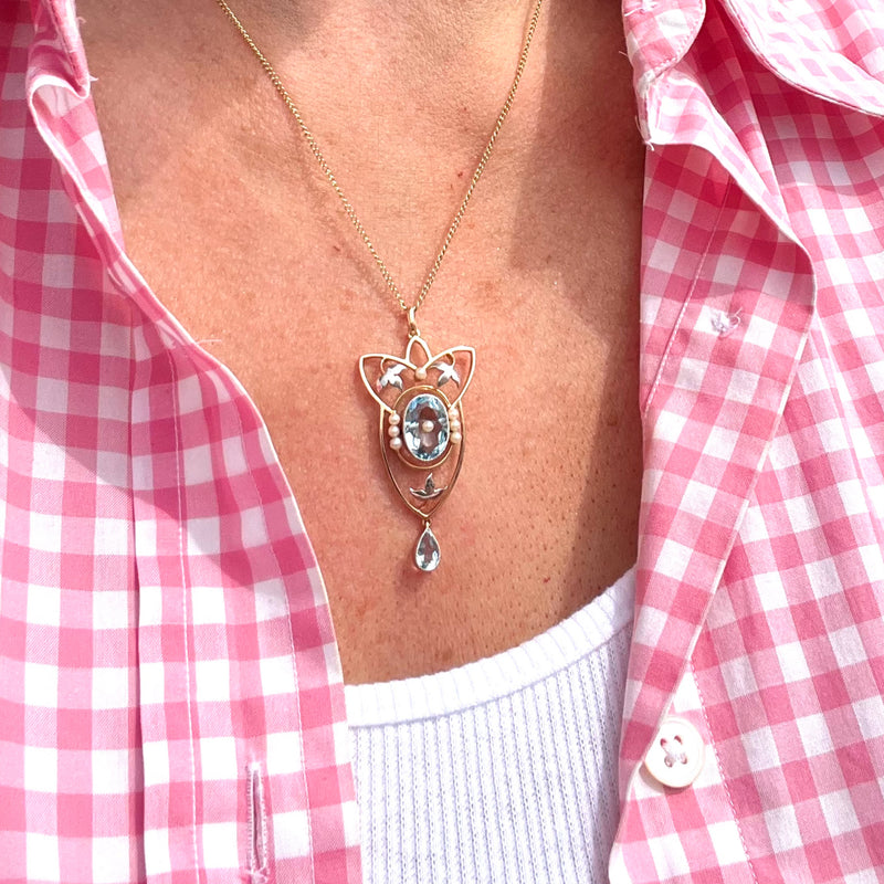 Antique Victorian Art Nouveau Aquamarine Pearl Pendant Platinum 15ct Gold