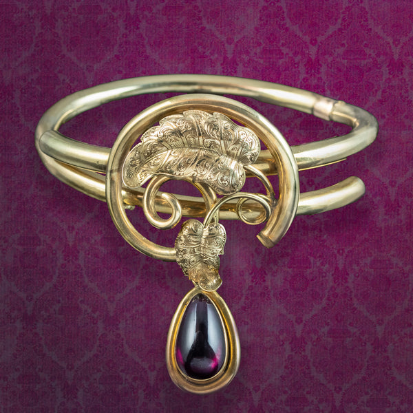 Antique Victorian Bangle 18ct Gold With Garnet Locket Dropper