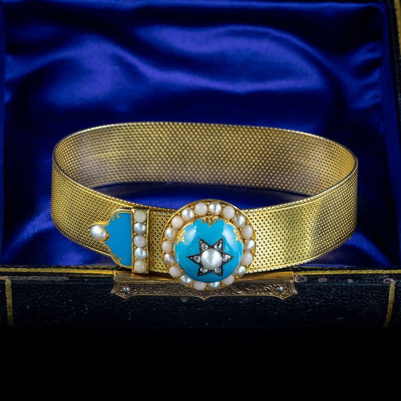 Antique Victorian Belt Buckle Bracelet Coral Diamond Pearl 18ct Gold