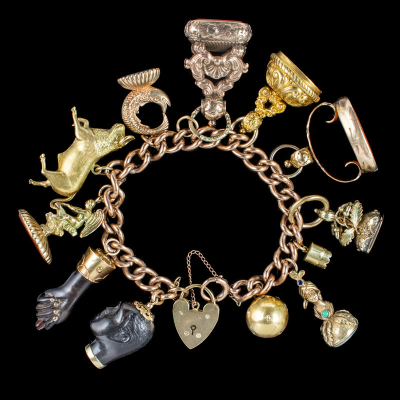 Antique Victorian Charm Bracelet With 12 Charms And Fobs 