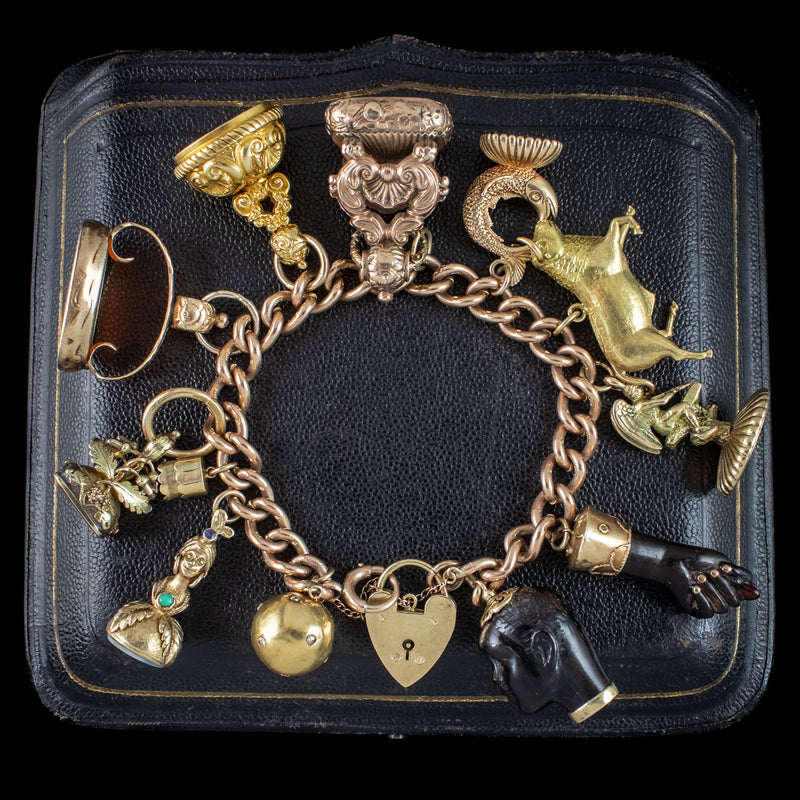 Antique Victorian Charm Bracelet With 12 Charms And Fobs 