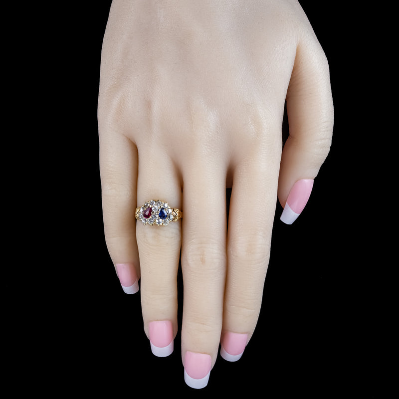 Antique Victorian Cluster Ring Entwined Diamond Sapphire Ruby Heart