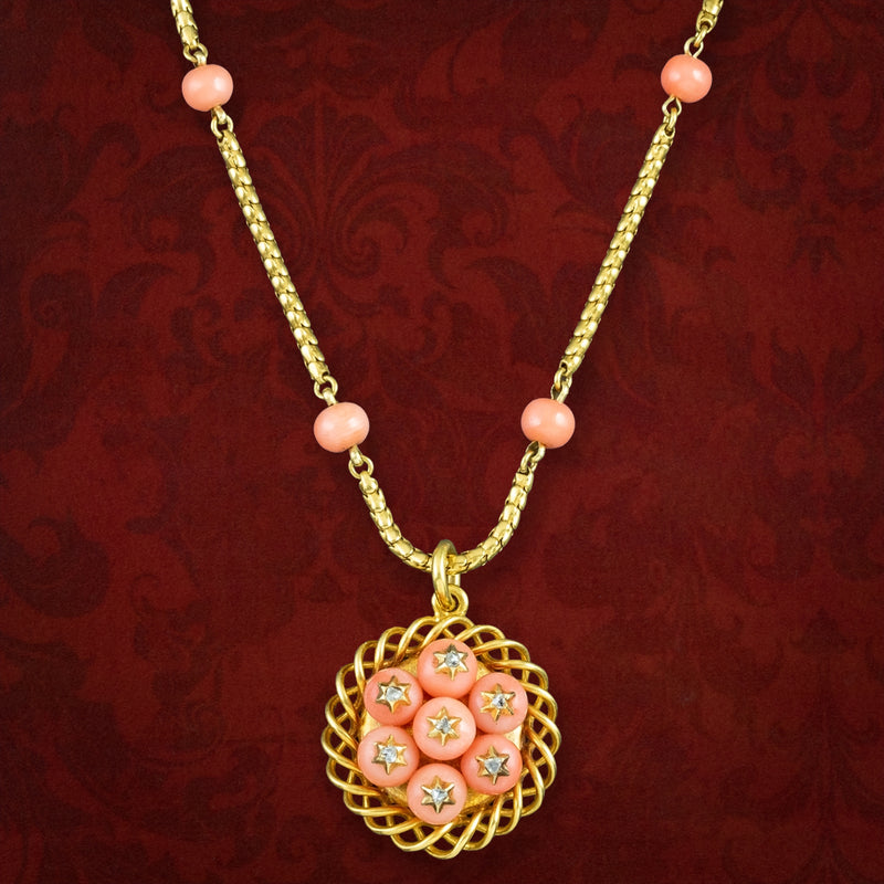 Antique Victorian Coral Diamond Pendant Necklace 15ct Gold With Locket