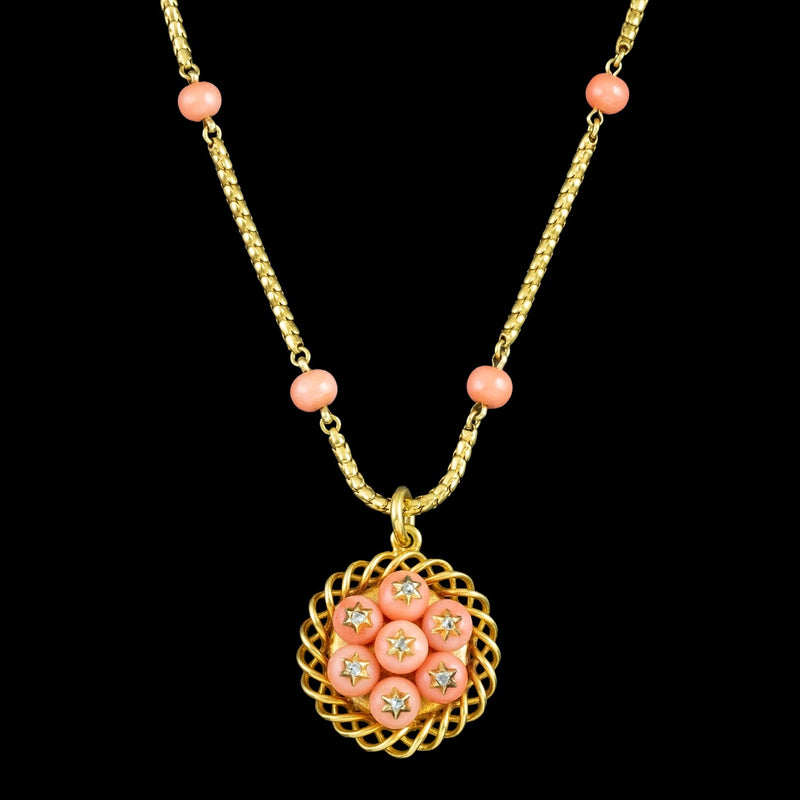 Antique Victorian Coral Diamond Pendant Necklace 15ct Gold With Locket