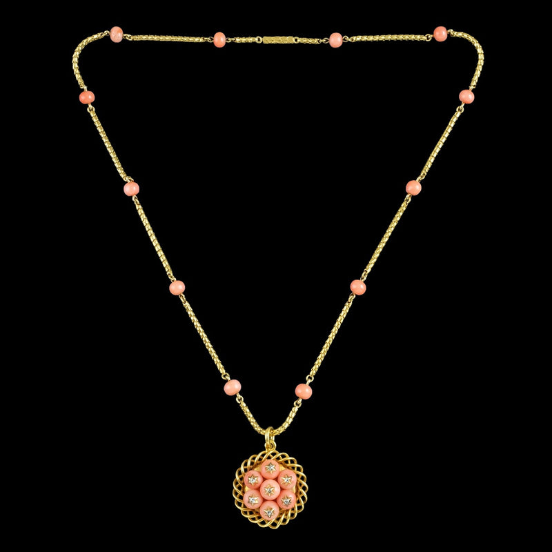 Antique Victorian Coral Diamond Pendant Necklace 15ct Gold With Locket