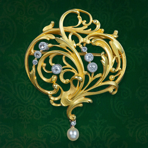Antique Victorian Diamond Brooch Art Nouveau 18ct Gold