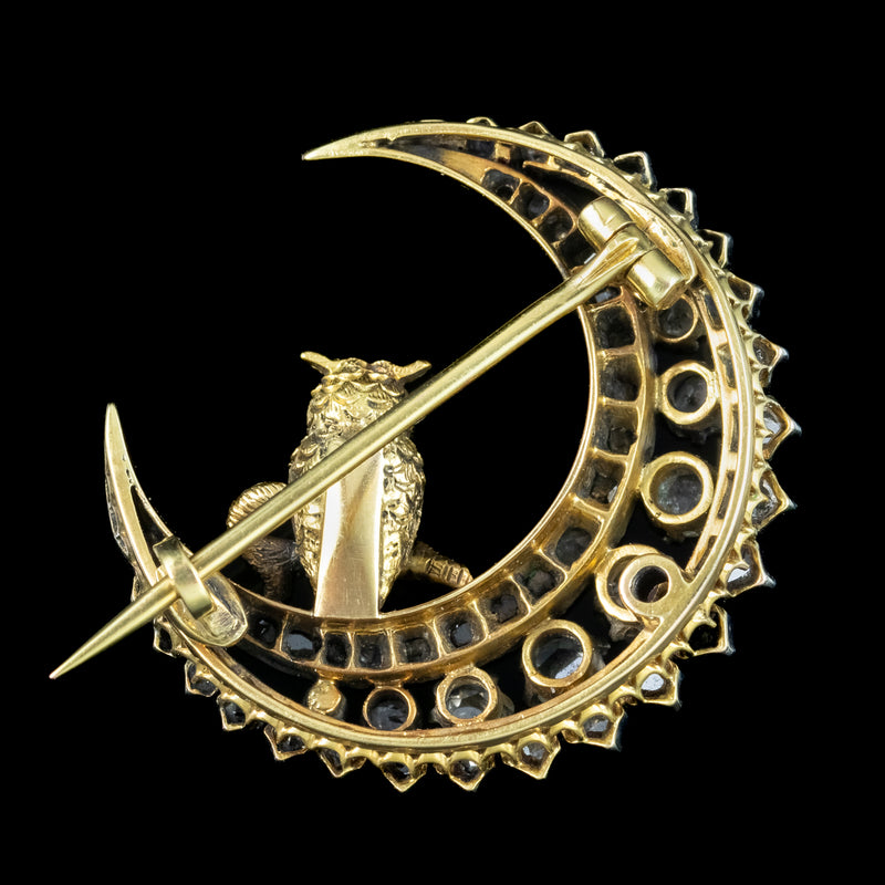 Antique Victorian Diamond Crescent Moon Owl Brooch Silver 18ct Gold
