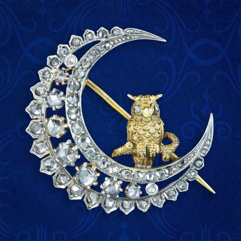 Antique Victorian Diamond Crescent Moon Owl Brooch Silver 18ct Gold