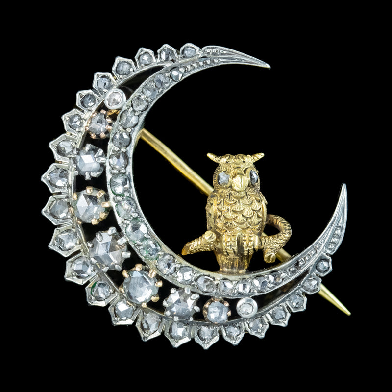 Antique Victorian Diamond Crescent Moon Owl Brooch Silver 18ct