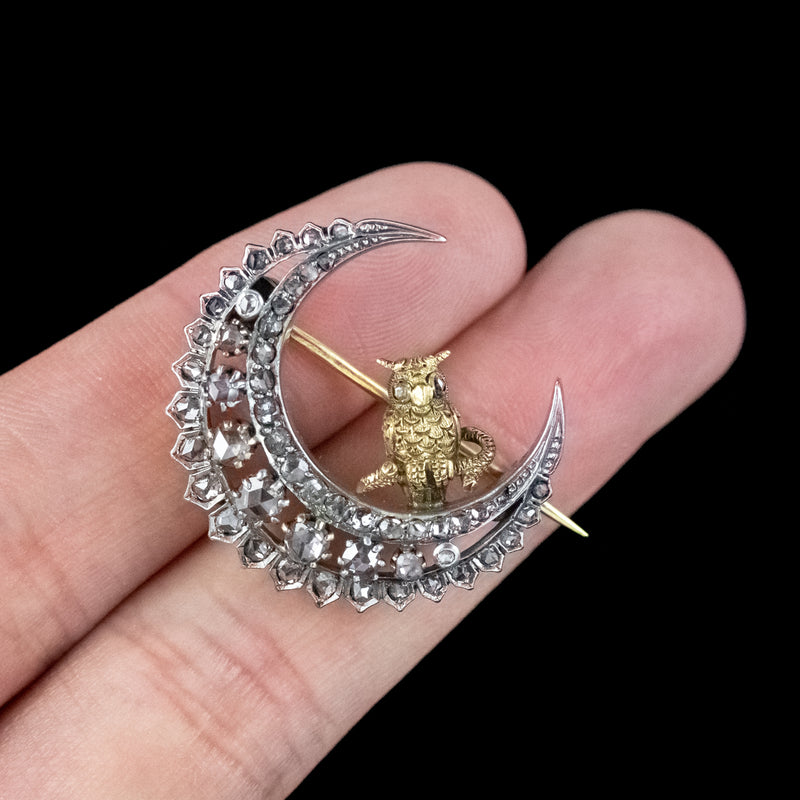 Antique Victorian Diamond Crescent Moon Owl Brooch Silver 18ct Gold