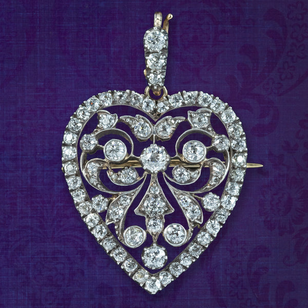 Antique Victorian Diamond Heart Pendant Brooch 2.5ct Total
