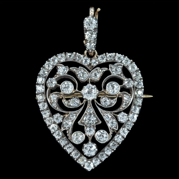 Antique Victorian Diamond Heart Pendant Brooch 2.5ct Total