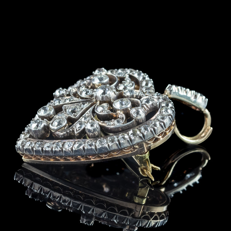 Antique Victorian Diamond Heart Pendant Brooch 2.5ct Total