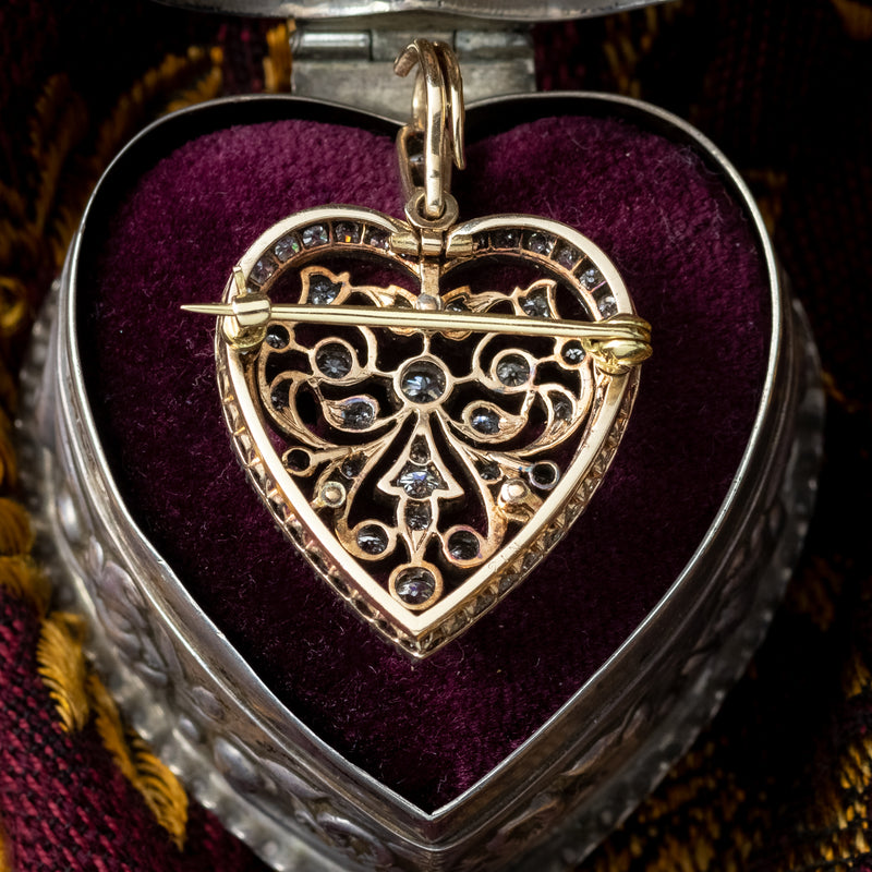 Antique Victorian Diamond Heart Pendant Brooch 2.5ct Total