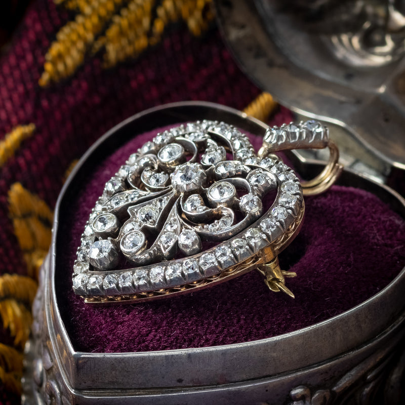 Antique Victorian Diamond Heart Pendant Brooch 2.5ct Total