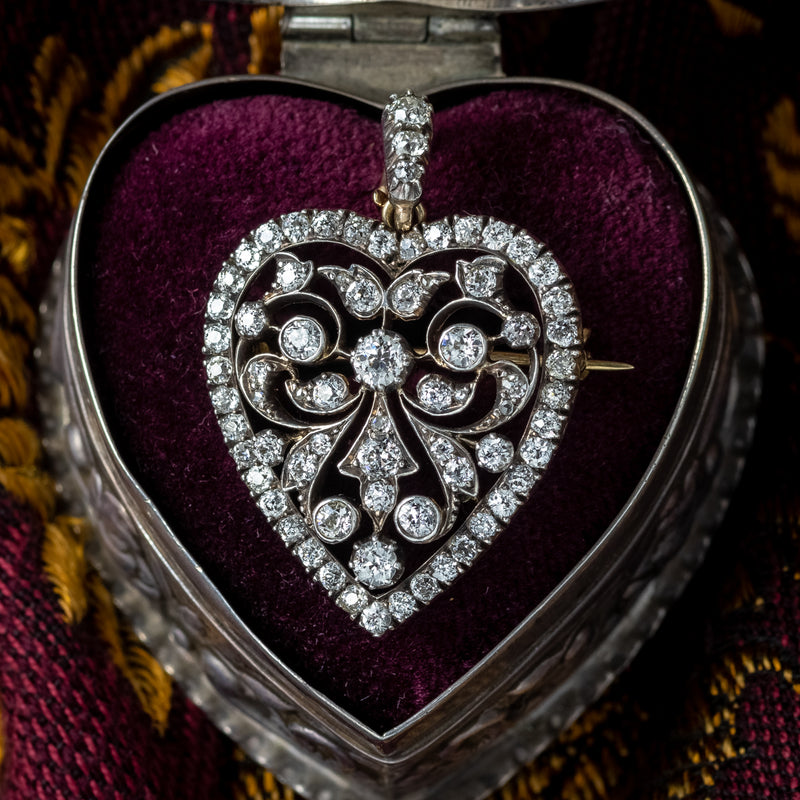 Antique Victorian Diamond Heart Pendant Brooch 2.5ct Total