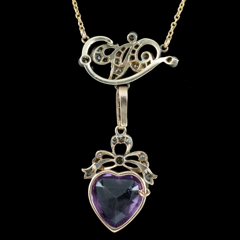 Antique Victorian Diamond Pearl Amethyst Heart Pendant Necklace 