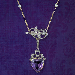 Antique Victorian Diamond Pearl Amethyst Heart Pendant Necklace 