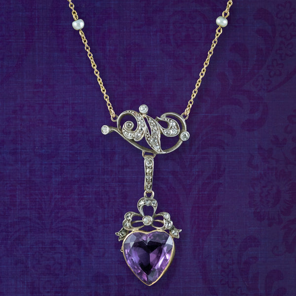 Antique Victorian Diamond Pearl Amethyst Heart Pendant Necklace 