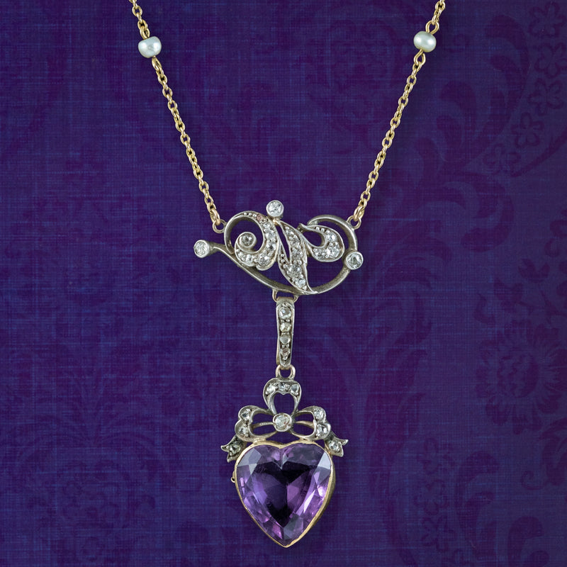 Antique Victorian Diamond Pearl Amethyst Heart Pendant Necklace 