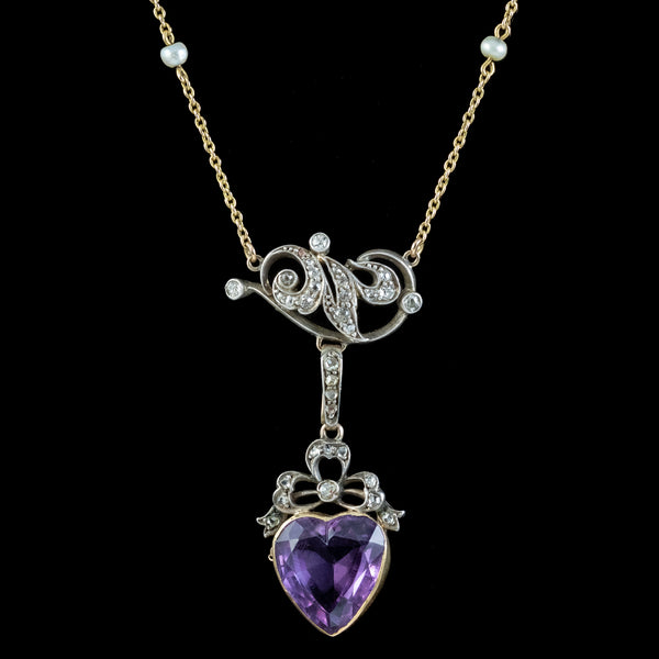 Antique Victorian Diamond Pearl Amethyst Heart Pendant Necklace 