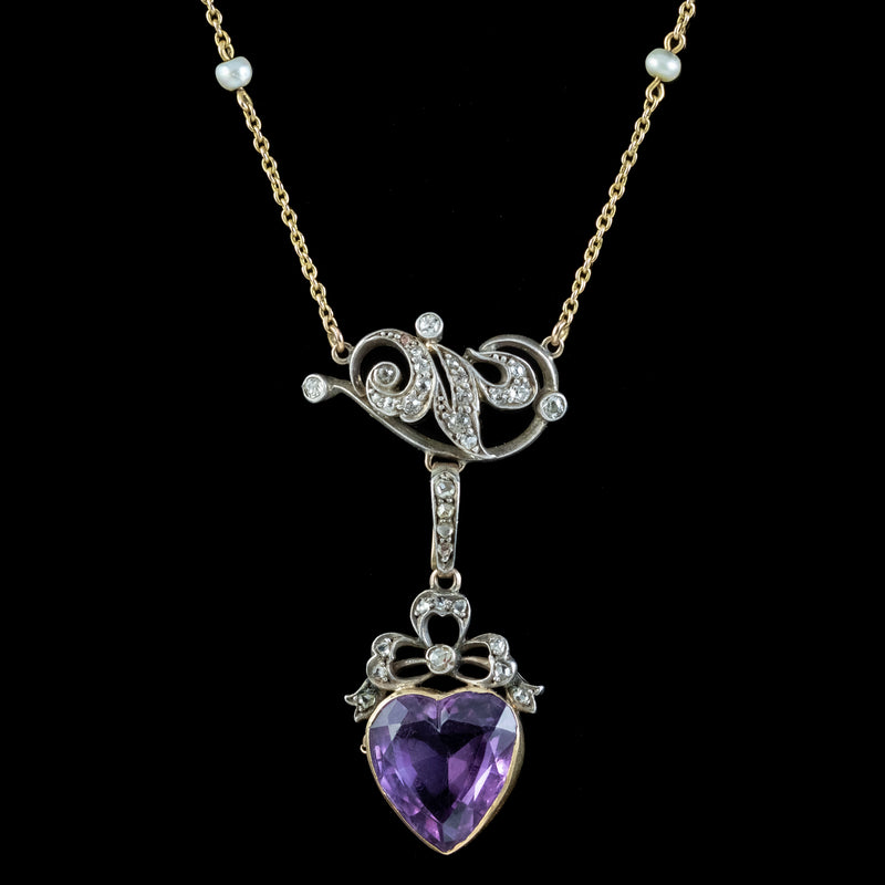 Antique Victorian Diamond Pearl Amethyst Heart Pendant Necklace 