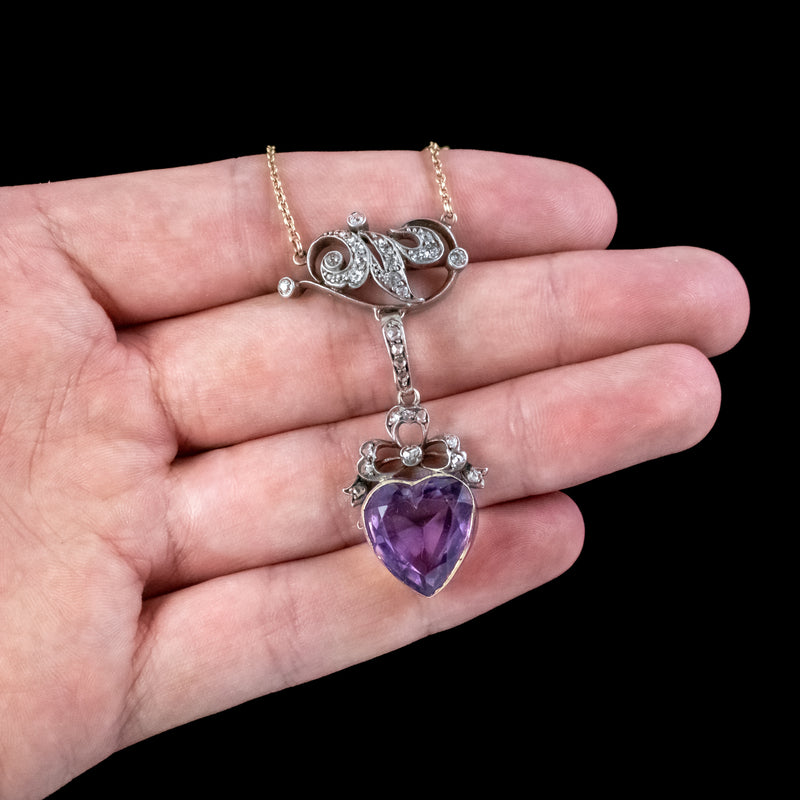 Antique Victorian Diamond Pearl Amethyst Heart Pendant Necklace 