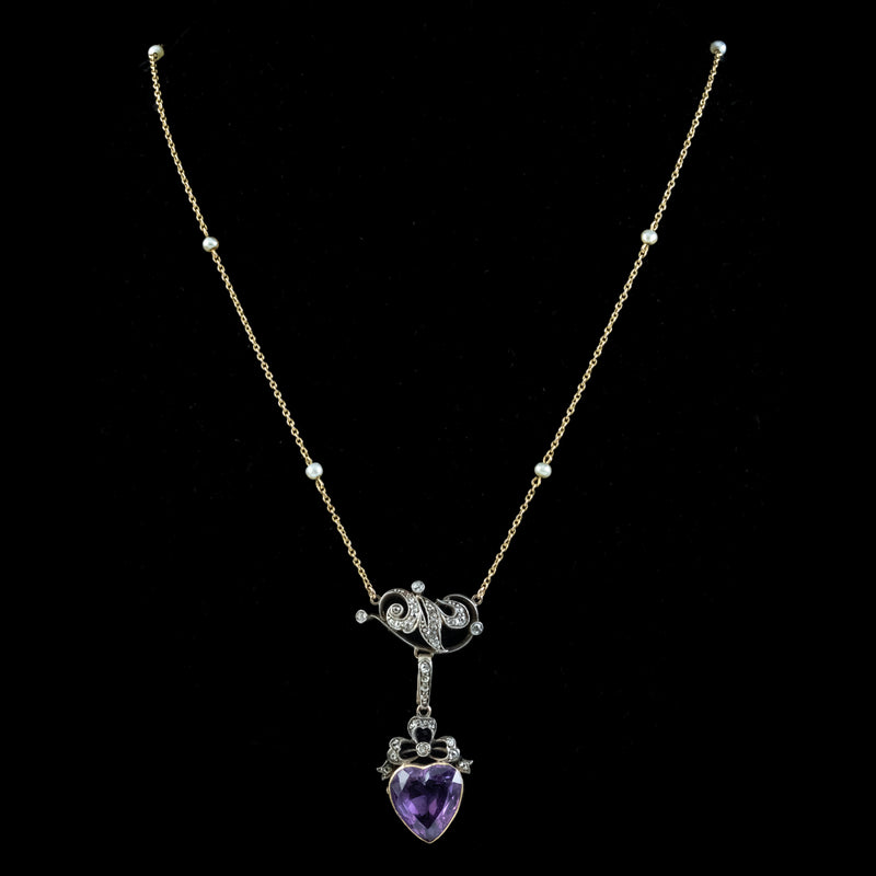 Antique Victorian Diamond Pearl Amethyst Heart Pendant Necklace 