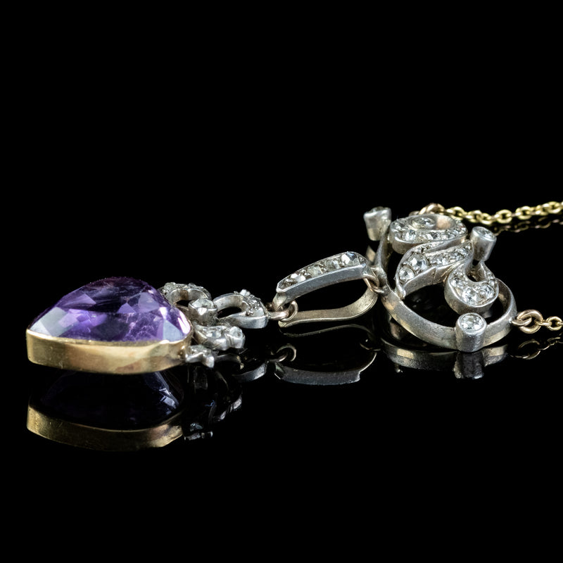 Antique Victorian Diamond Pearl Amethyst Heart Pendant Necklace 