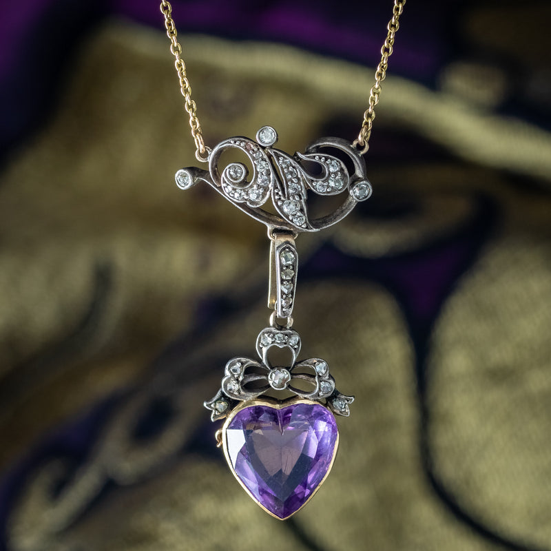 Antique Victorian Diamond Pearl Amethyst Heart Pendant Necklace 