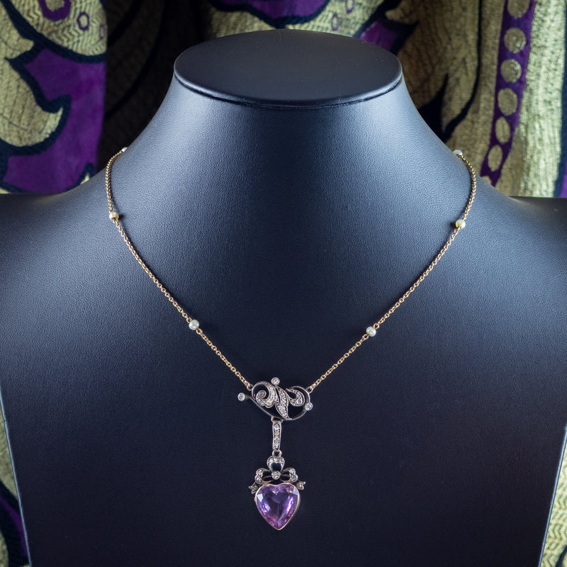 Antique Victorian Diamond Pearl Amethyst Heart Pendant Necklace 