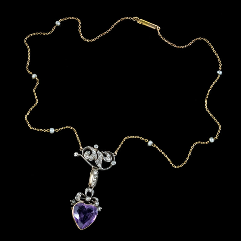 Antique Victorian Diamond Pearl Amethyst Heart Pendant Necklace 