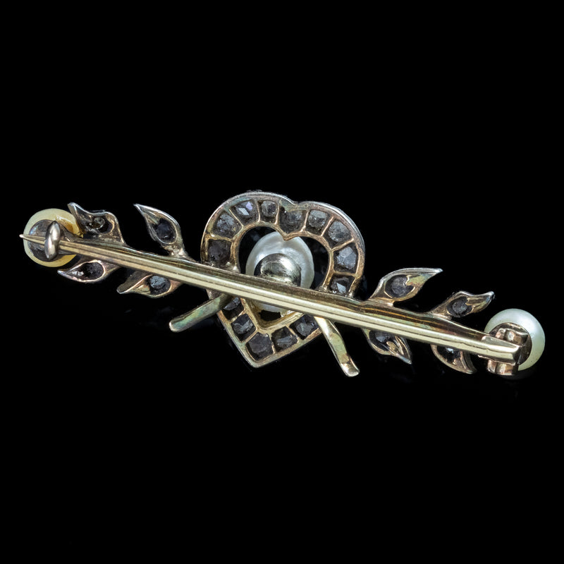 Antique Victorian Diamond Pearl Heart Bar Brooch Silver 18ct Gold