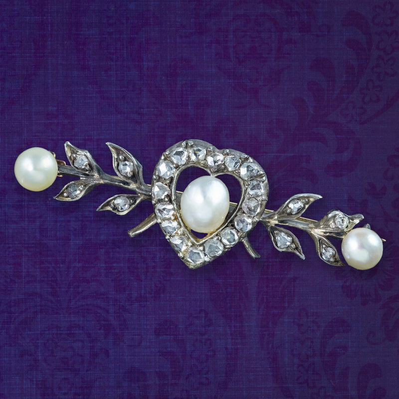 Antique Victorian Diamond Pearl Heart Bar Brooch Silver 18ct Gold