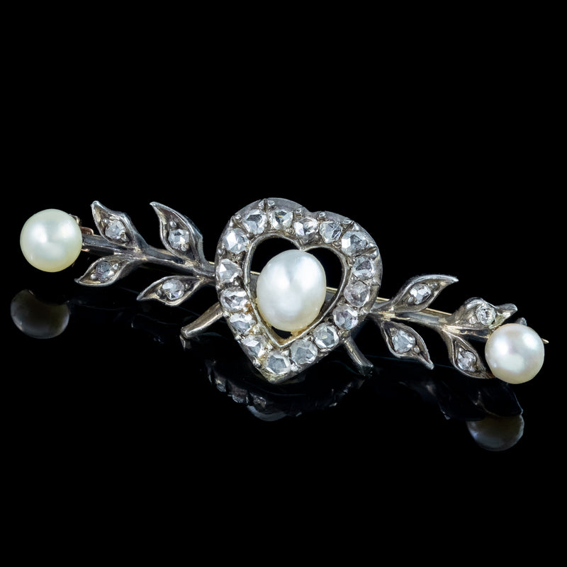 Antique Victorian Diamond Pearl Heart Bar Brooch Silver 18ct Gold