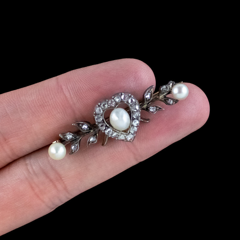 Antique Victorian Diamond Pearl Heart Bar Brooch Silver 18ct Gold