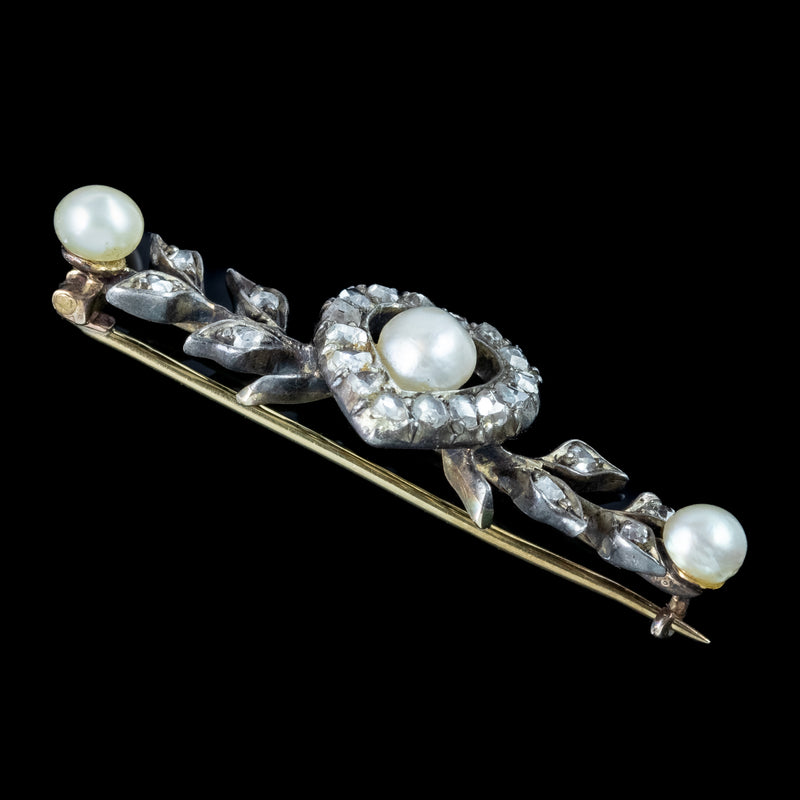 Antique Victorian Diamond Pearl Heart Bar Brooch Silver 18ct Gold